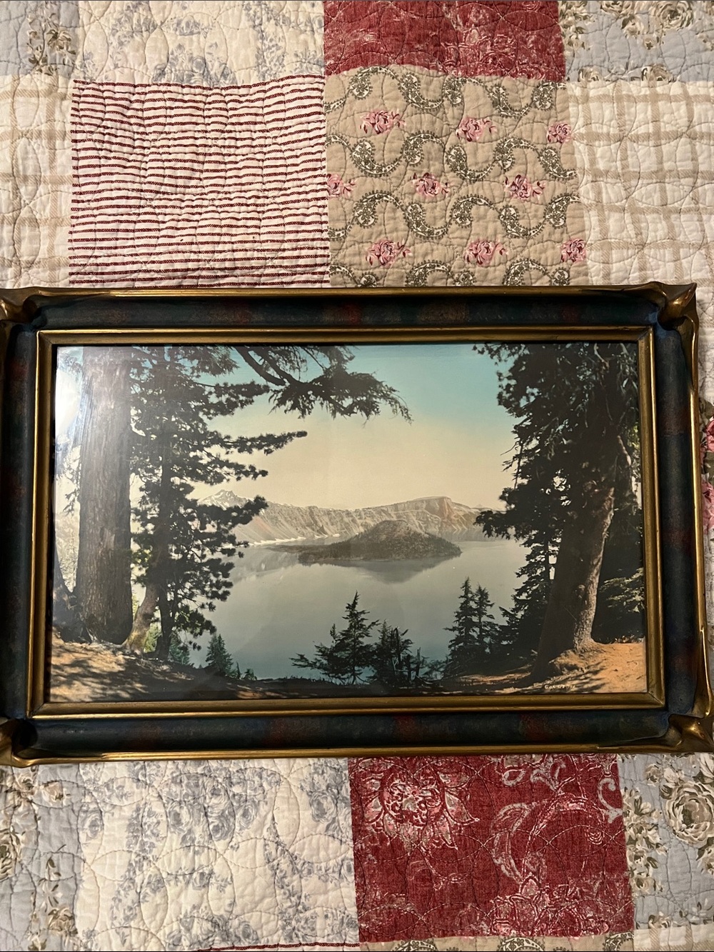 Antique Framed Hand Tinted print Crater Lake Oregon 18” x 12”